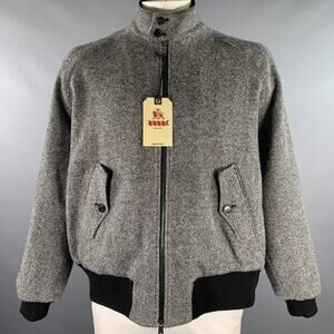BARACUTA Size 42 Black Grey Herringbone Wool Harrington Jacket